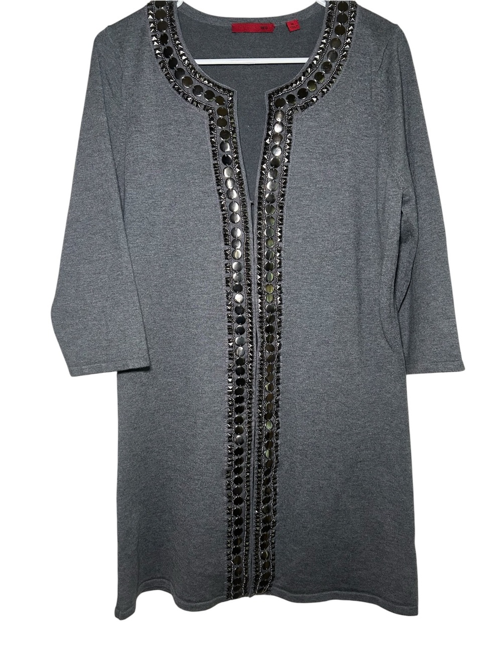 RED Label Embellished Gray Knit Tunic Jewel Trim Mature Night Out Old Money XL‎